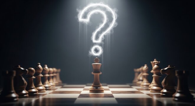 A chess board with a question mark in the center, illuminated by a light source.