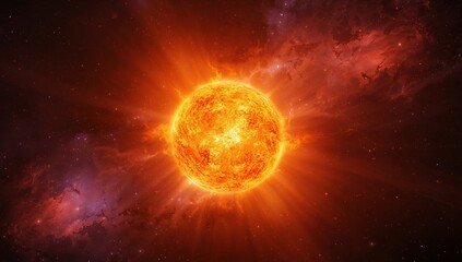 Obraz premium Fiery Sphere Amidst Cosmic Dust, Abstract Space Visualization, Golden Light Burst.