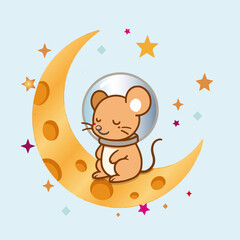 Niedliche Vektorillustration einer Maus im Astronautenanzug, die auf einer Mondsichel sitzt. Umgeben von bunten Sternen und einem sanften blauen Hintergrund vermittelt das Motiv fantasievolle Stimmung