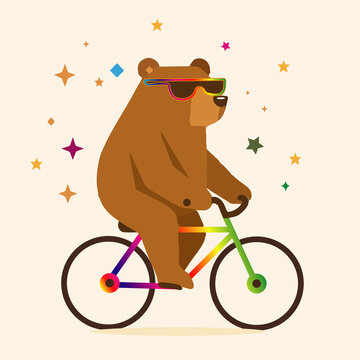 Farbenfrohe Vektorillustration eines coolen B&auml;ren auf einem Fahrrad. Der B&auml;r tr&auml;gt eine bunte Sonnenbrille und f&auml;hrt entspannt, umgeben von leuchtenden Sternen. Ein modernes, humorvolles Motiv