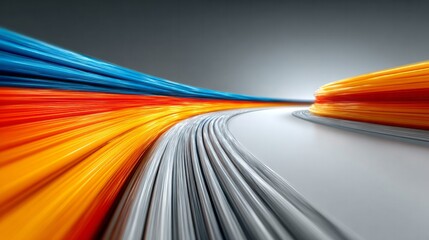 Multiple luminous streams of data or energy flow rapidly into the distance along a curving path