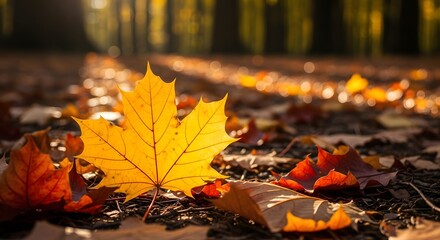 Autumn background photo of orange yellow red maple leaves scattered on the ground with one maple leaf standing out visible against the forest background sunlight shining through