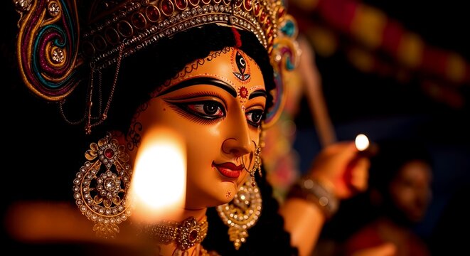 Close-up of Goddess Durga Idol with Candle Light During Durga Puja Festival
