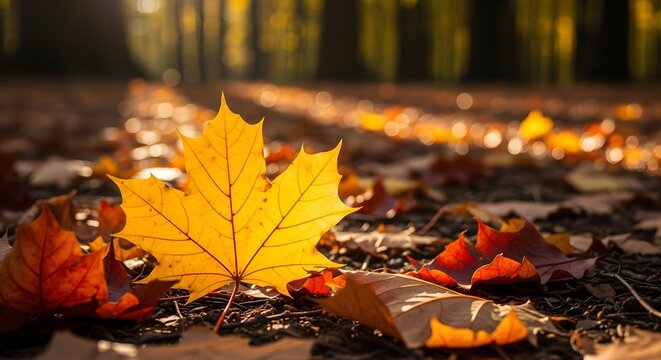 Autumn background photo of orange yellow red maple leaves scattered on the ground with one maple leaf standing out visible against the forest background sunlight shining through