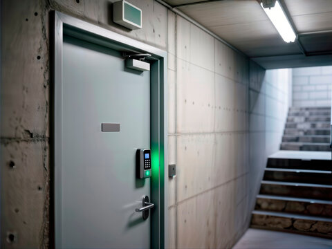 Electronic access control on security door in concrete industrial hallway.