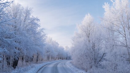 Frozen Road Perspective, Winter Landscape with Trees in Frosty Weather, Clear Sky.