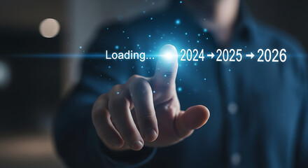 Business person points to futuristic loading screen displaying years 2024 2025 2026 future