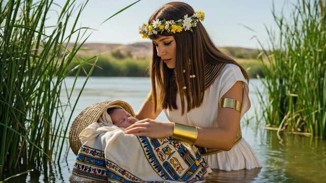 Pharaoh's daughter discovers the infant Moses hidden in a basket among the reeds of the Nile River a pivotal moment in the biblical Exodus story representing rescue and divine providence