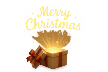 Merry christmas text appearing from glowing magical gift box, transparent background, holiday celebration concept
