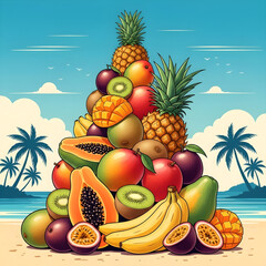 Vibrant tropical fruit pyramid displayed on a sandy beach under a bright blue sky