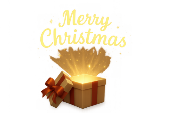 Merry christmas text appearing from glowing magical gift box, transparent background, holiday celebration concept
