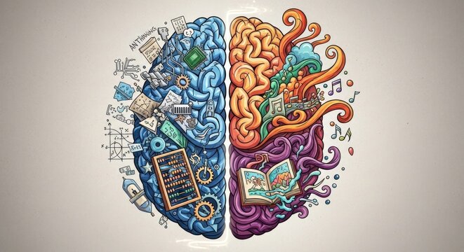 Two colorful brain halves with symbols and objects on them, representing the left and right hemispheres of the brain.