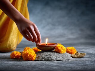 Indian female lighting traditional oil lamp surrounded by gold flowers spiritual setting close-up view