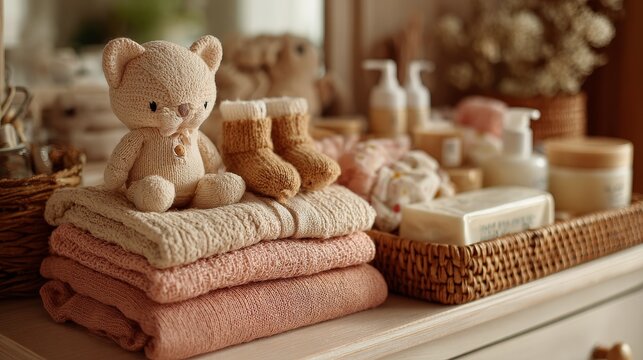 Cozy Nursery Essentials with Knitted Toy and Baby Clothes