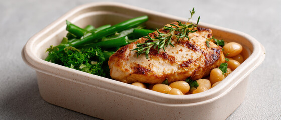 Grilled chicken white bean green bean kale bento