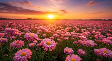 Obraz premium A vibrant field of pink daisies at sunset.