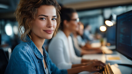 Faceless business women working together on software project collaborative development female programmers teamwork coding professional collaboration IT workplace with copy