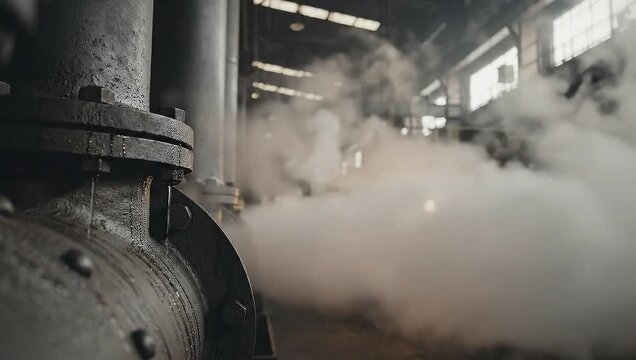 Industrial steam billows from heavy machinery in a dark factory setting