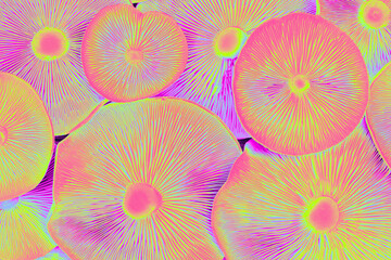Digitally enhanced macro photo of inverted wild mushroom caps with neon pink, yellow, and blue...