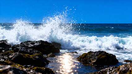 Powerful Ocean Wave Crashing Against Rocky Shoreline Under Clear Sky