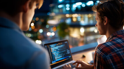 Two faceless programmers holding laptop with coding interface walking towards desk sitting down talking about online cloud computing software developers team discussing algorithms