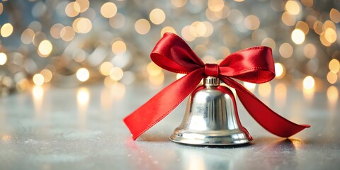 A gleaming silver bell adorned with a vibrant red ribbon, set against a backdrop of bokeh lights.