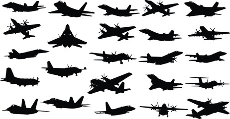 Military aircraft silhouettes collection, fighter jet and propeller plane vector set, black airplane shapes, aviation design, CAD drawing flat vector illustration
