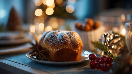 Obraz premium A festive table setting with a powdered cake and christmas decorations nearby