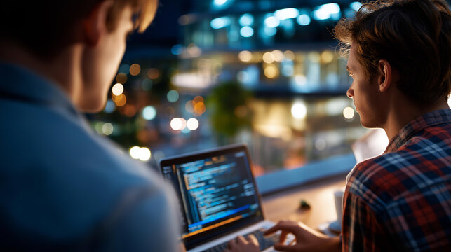 Two faceless programmers holding laptop with coding interface walking towards desk sitting down talking about online cloud computing software developers team discussing algorithms