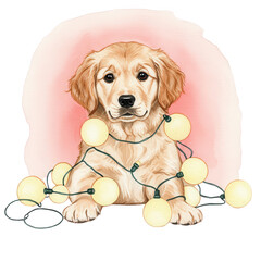 Charming Golden Retriever Puppy Adorned With Festive Lights