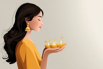 Woman celebrating diwali with diyas festive home flat illustration joyful atmosphere colorful design