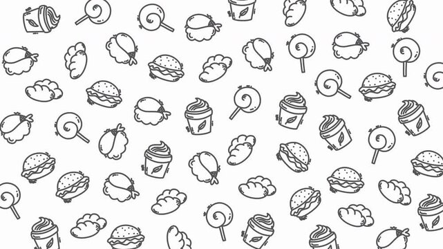 Food pattern doodle art featuring burger and lollipop illustrations. Suitable for foodthemed designs, restaurant menus, packaging, and stationery items.