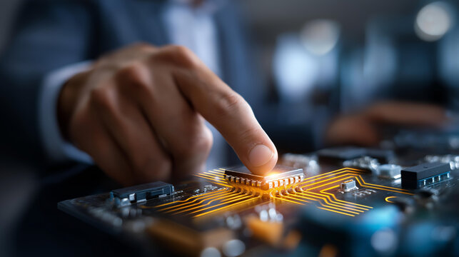 Faceless businessman touching circuit of software development and networking custom application design agile development methodology cross platform integration scalable