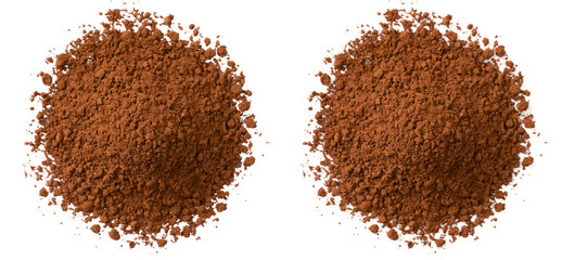 Raw cocoa powder isolated on white background, top view.