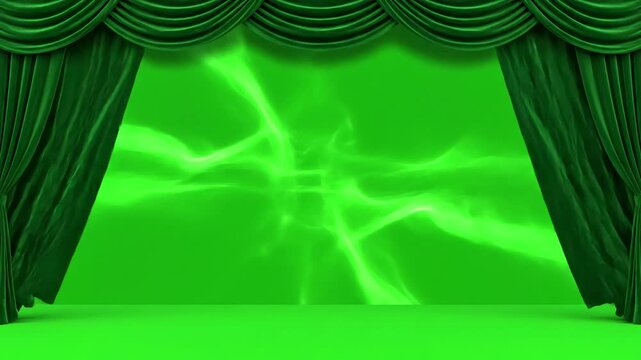 Green Screen stage theater curtain opens and closes video is looped contains transparency channel greenscreen scene 4 with distortion, overlay, glitch, static noise, scan lines on black background, 4k