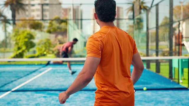 Back, man and swing racket for padel fitness, match practice and sports competition. People, hit ball and paddle game with tennis challenge, agile movement and technique skills for tournament outdoor - Powered by Adobe