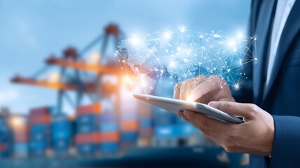 A confident businessman stands at a bustling port, intently working on a tablet. Behind him, cranes operate amidst stacked cargo containers, showcasing a vibrant scene of global trade and commerce