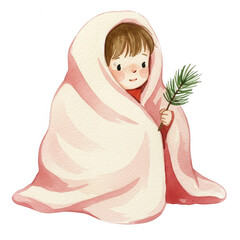 A Small Child Warmly Wrapped in a Cozy Blanket Holding a Pine Sprig