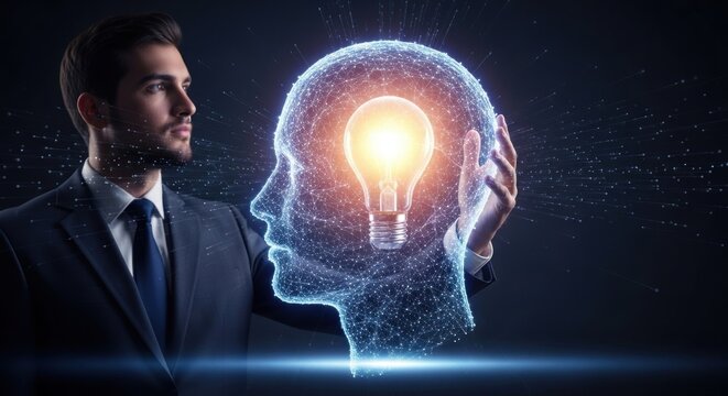 A man holding a glowing light bulb in his hand.