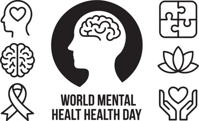 World Mental Health Day brain puzzle heart lotus ribbon care
