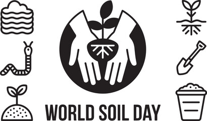 World Soil Day icons: soil, hands, worm, sprout, shovel, plant pot, roots