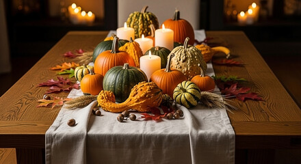 Autumn table centerpiece pumpkins, gourds, leaves, candles