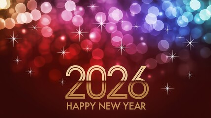 Happy New Year 2026 with a vibrant bokeh background and sparkling lights.