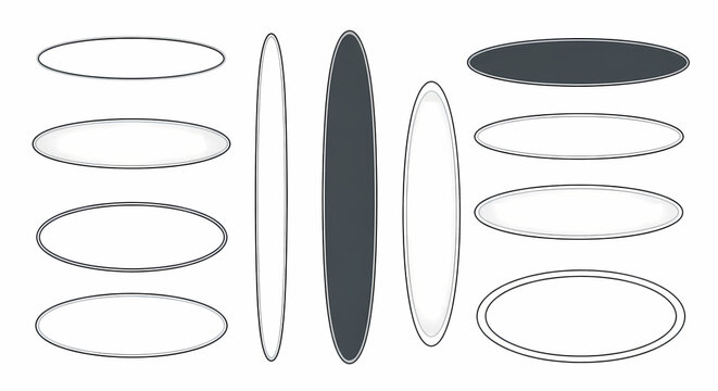 A collection of various oval and ellipse shapes with different outlines, fills, and orientations.