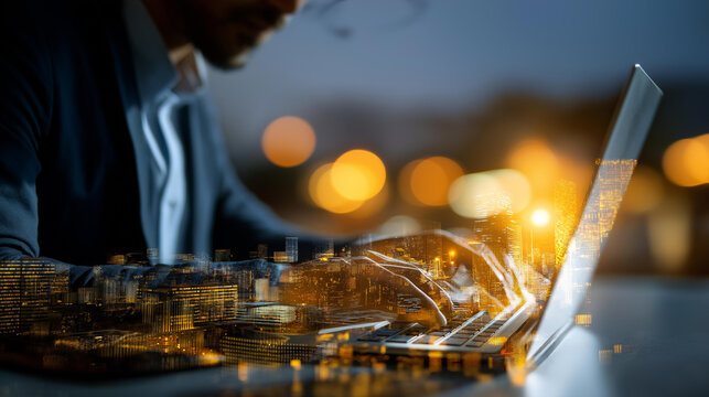 Digital technology concept internet network connection faceless computer programmer working on laptop computer and smart city visualization data link software development