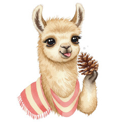 Whimsical Watercolor Llama Adorably Holds a Pinecone, A Charming Illustration