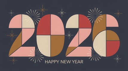 A stylized graphic illustration of the year 2026 in a retro art deco font with fireworks and the text "Happy New Year".