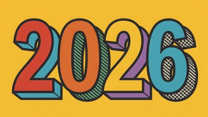 Retro-style colorful numbers spelling out the year 2026 against a bright yellow background.