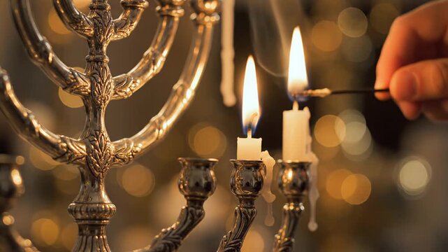 adult hand lighting candles on an ornate silver menorah, warm golden bokeh in the background, symbolizing the Hanukkah festival of lights, family holiday tradition and evening home ritual 
