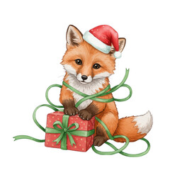 Adorable Woodland Fox In Santa Hat With Christmas Gift